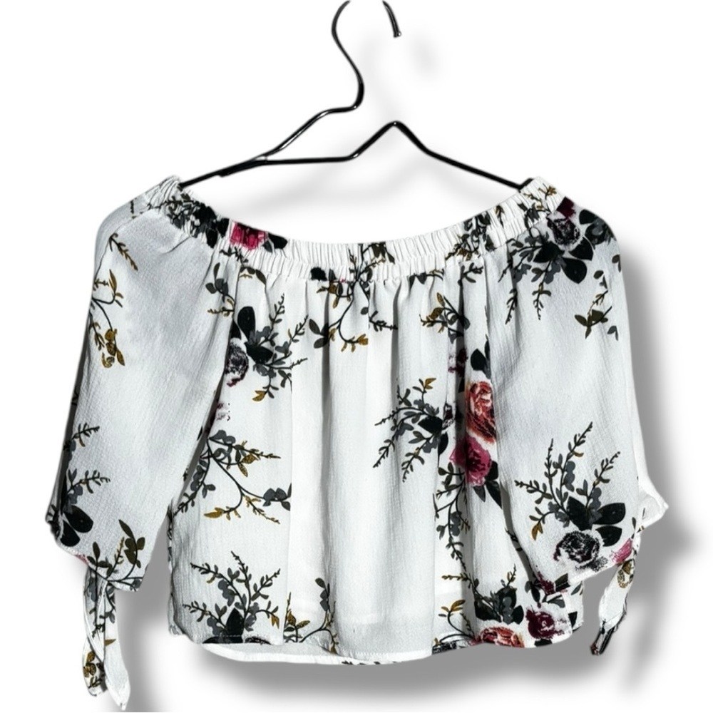 Unbranded Chic White Cotton Blend Floral Off-Shoulder 3/4 Tie Sleeves Blouse - Picture 15 of 16